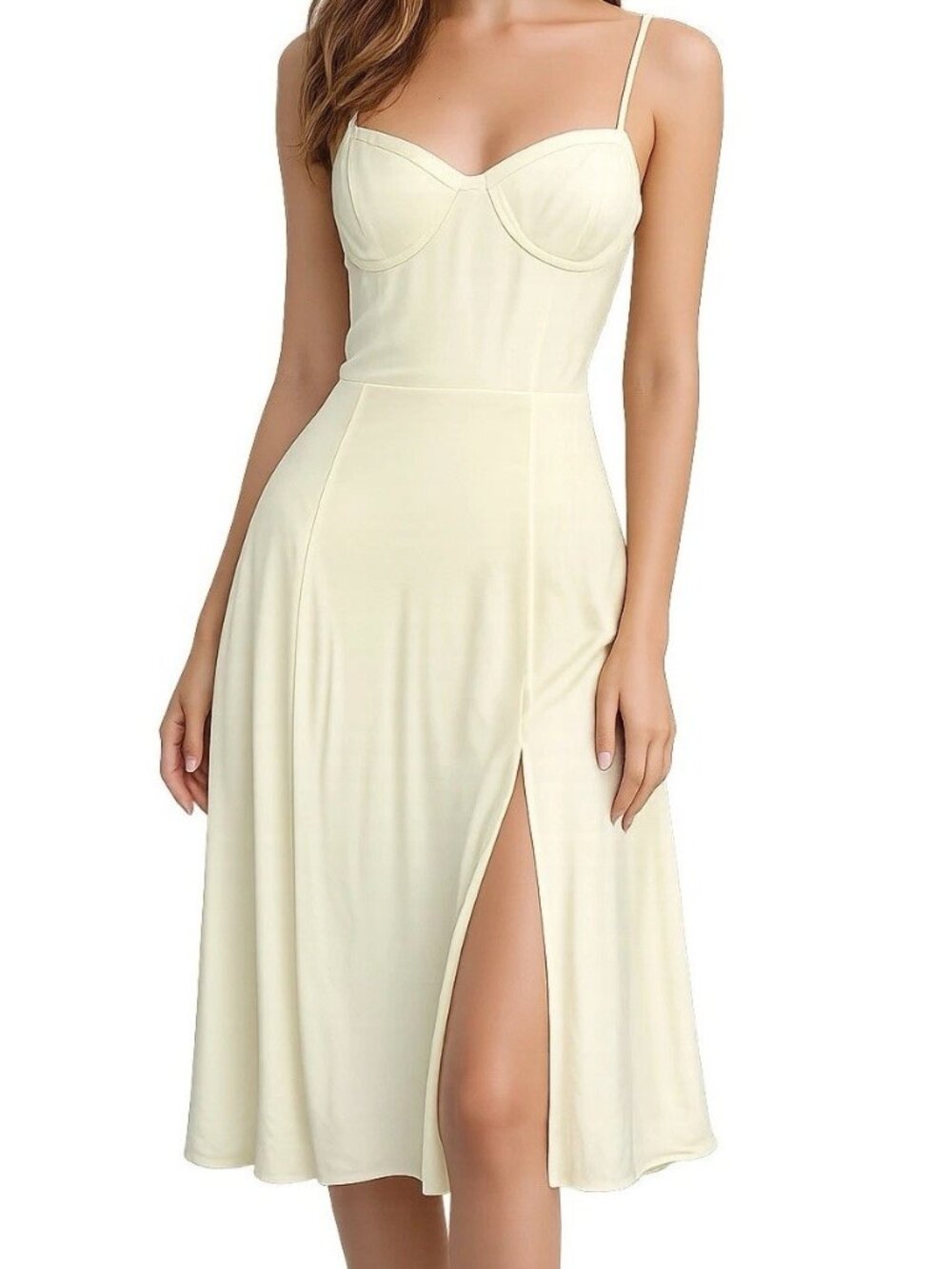 Aritzia Sundeh Dress Butter Yellow Midi Spaghetti Front Slit Medium Slipdress
